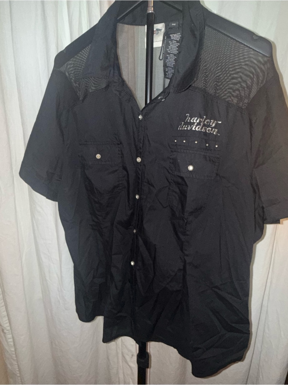 Harley-Davidson Black Short Sleeve Button-Down Shirt Mesh Detail Bikercore